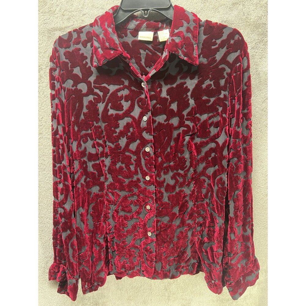 Vtg Y2K Merona Women’s L Top Button Up Velvet Burnout Red Silk Blouse Whimsigoth